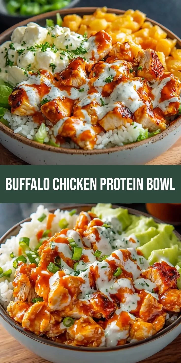 Easy buffalo chicken protein bowl with fresh ingredients and savory flavors.