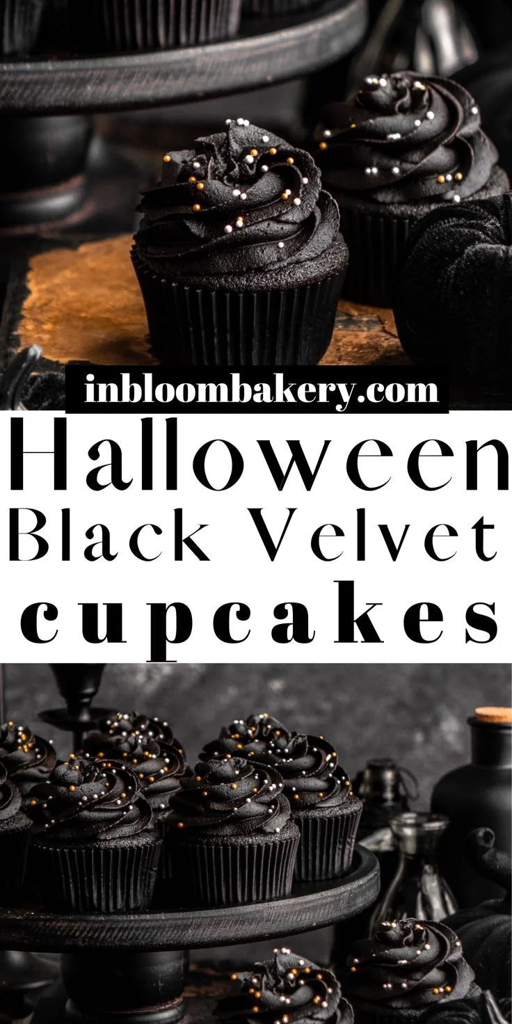 Decadent Black Velvet Cupcakes from In Bloom Bakery decorated with cream frosting