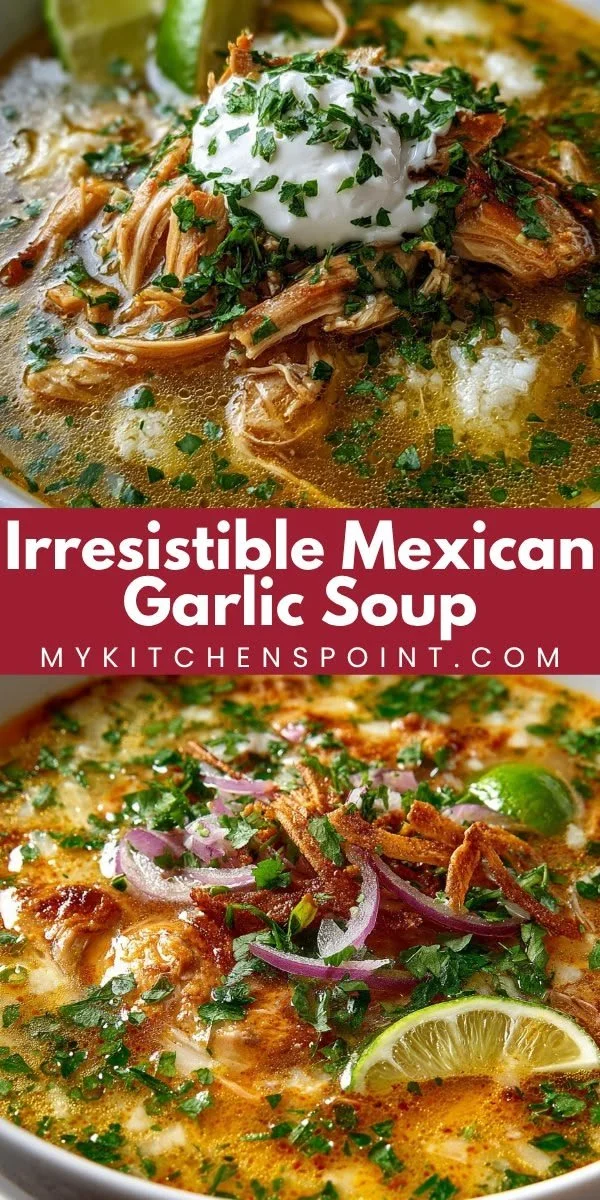 Bowl of Irresistible Mexican Garlic Soup with garnished herbs.