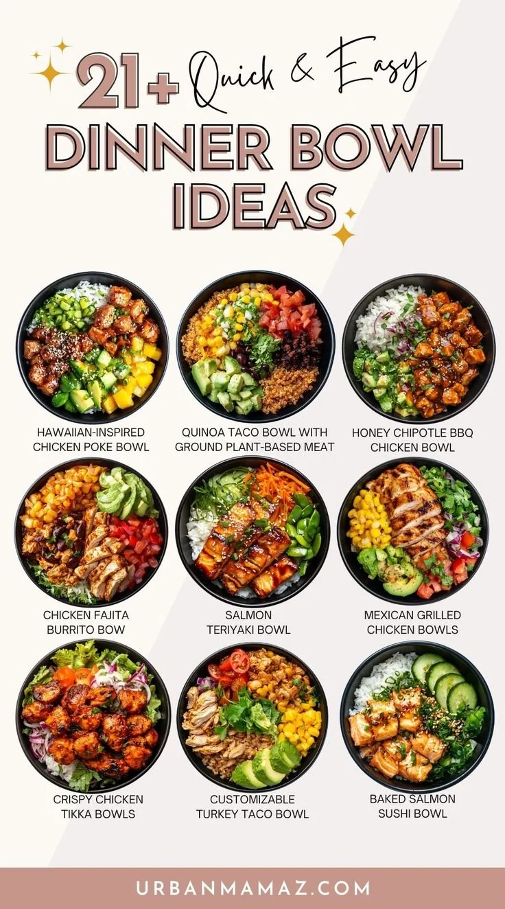 Colorful 30-minute dinner bowls featuring fresh ingredients and quick recipes