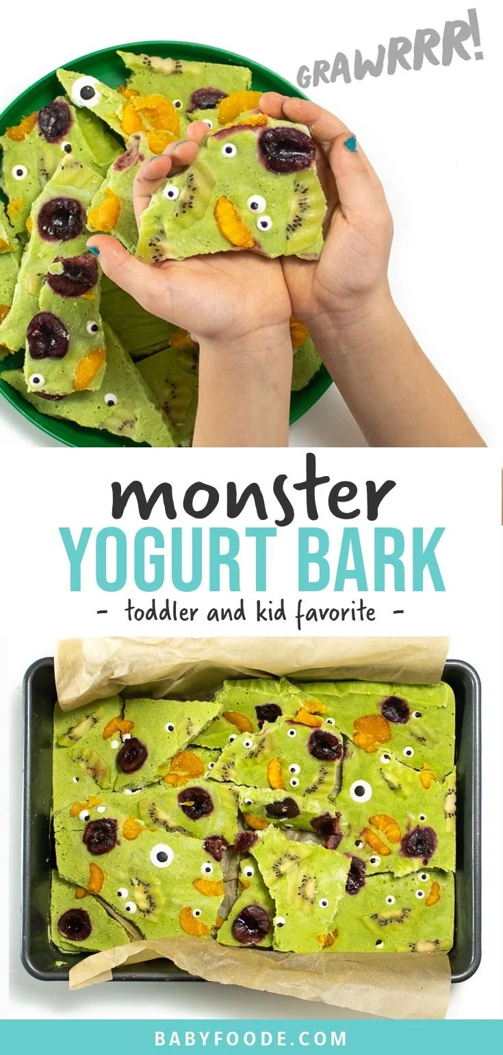 Colorful Monster Frozen Yogurt Bark topped with fruits and nuts for kids