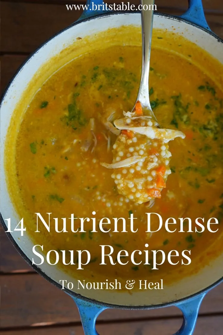 Bowl of nutrient-dense soup made with fresh vegetables and herbs.