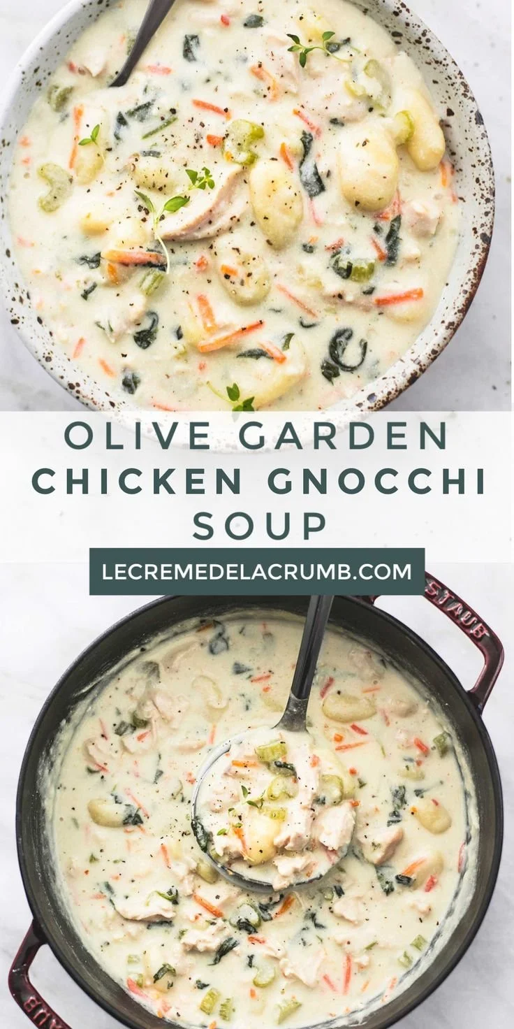 Bowl of Olive Garden-style chicken gnocchi soup with vegetables and herbs