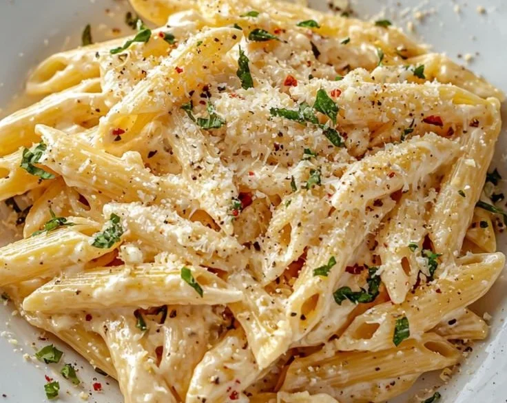 Delicious one pot creamy garlic pasta served with fresh herbs