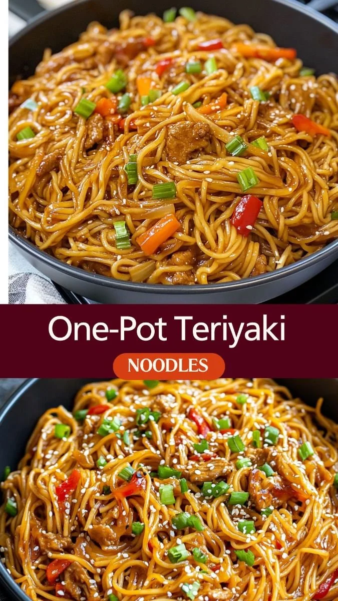 Delicious one-pot teriyaki noodles garnished with vegetables