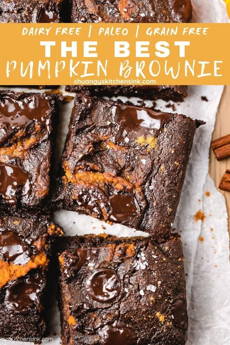 Paleo gooey healthy pumpkin brownies topped with nuts and chocolate chips