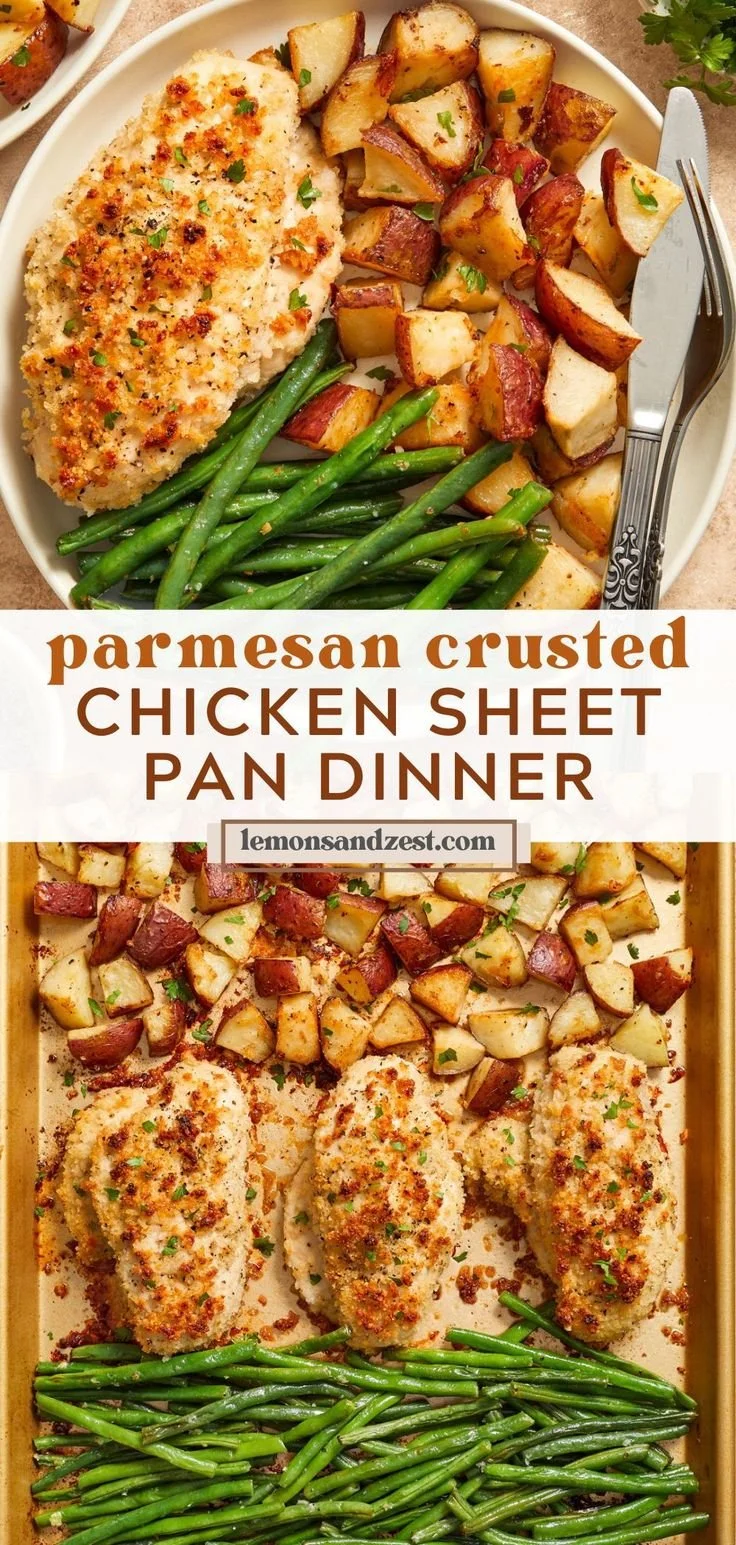 Delicious Parmesan Crusted Chicken on a sheet pan with vegetables