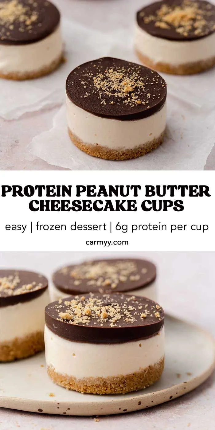Protein Peanut Butter Cheesecake Cups topped with chocolate drizzle and peanuts