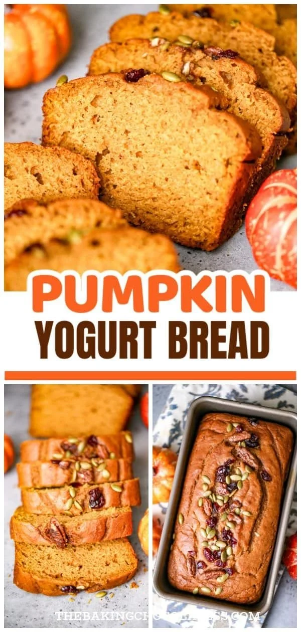 Delicious slice of Pumpkin Greek Yogurt Bread on a wooden board.