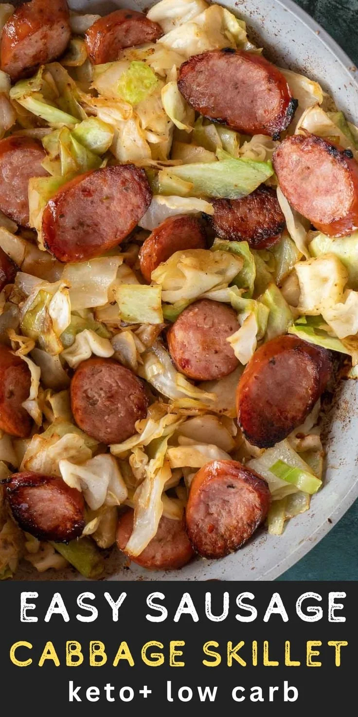 Delicious sausage and cabbage skillet dish served in a pan