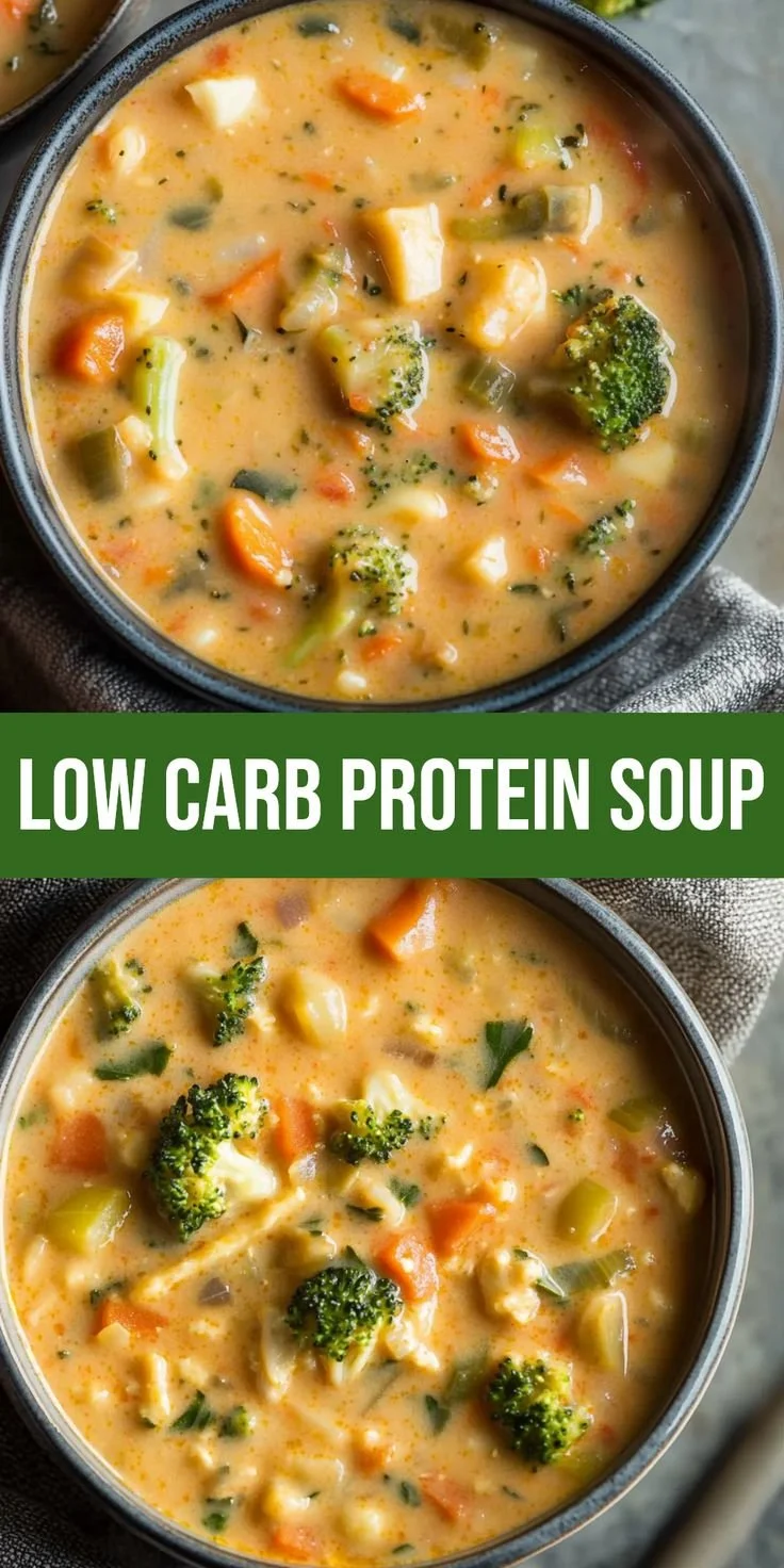 Low carb protein-rich soup recipe served in a bowl with fresh herbs.