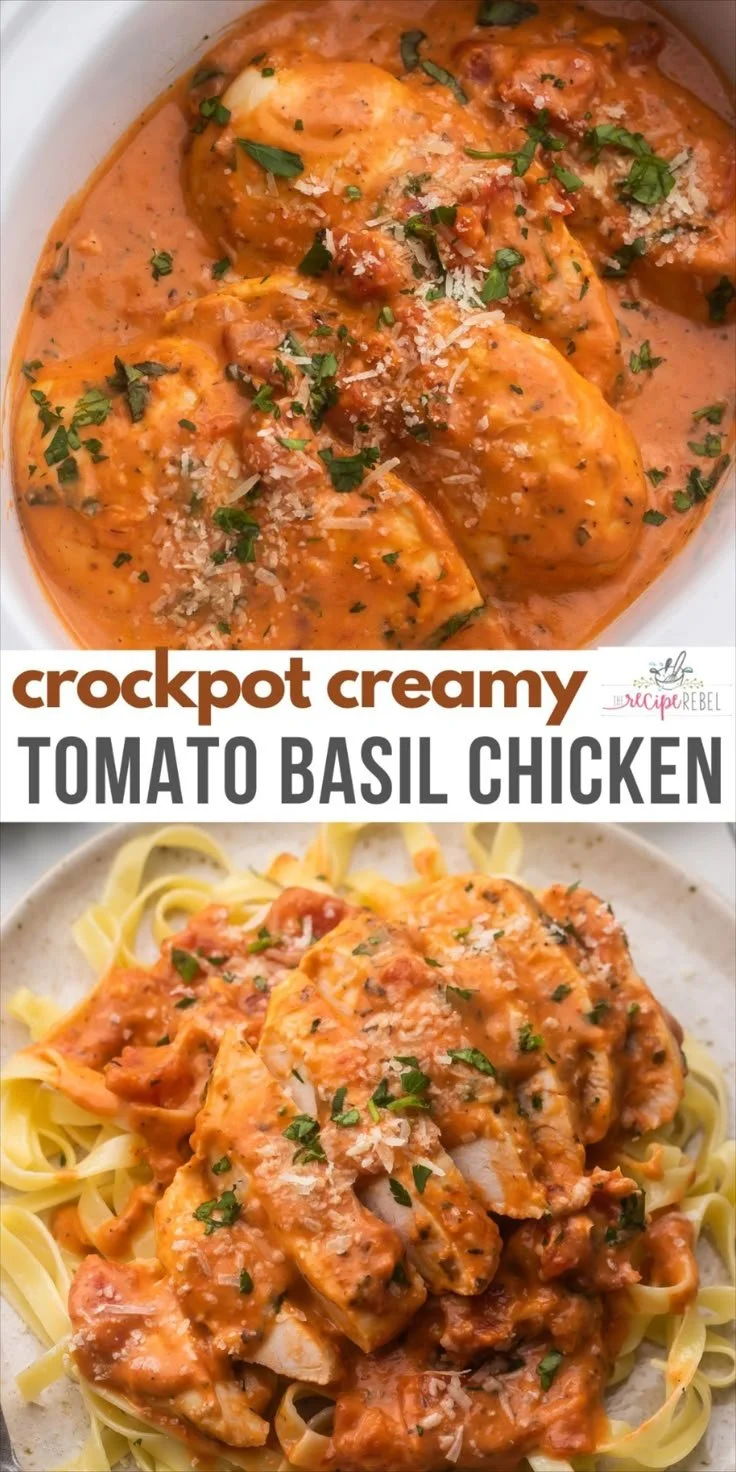 Delicious Slow Cooker Creamy Tomato Basil Chicken on a plate