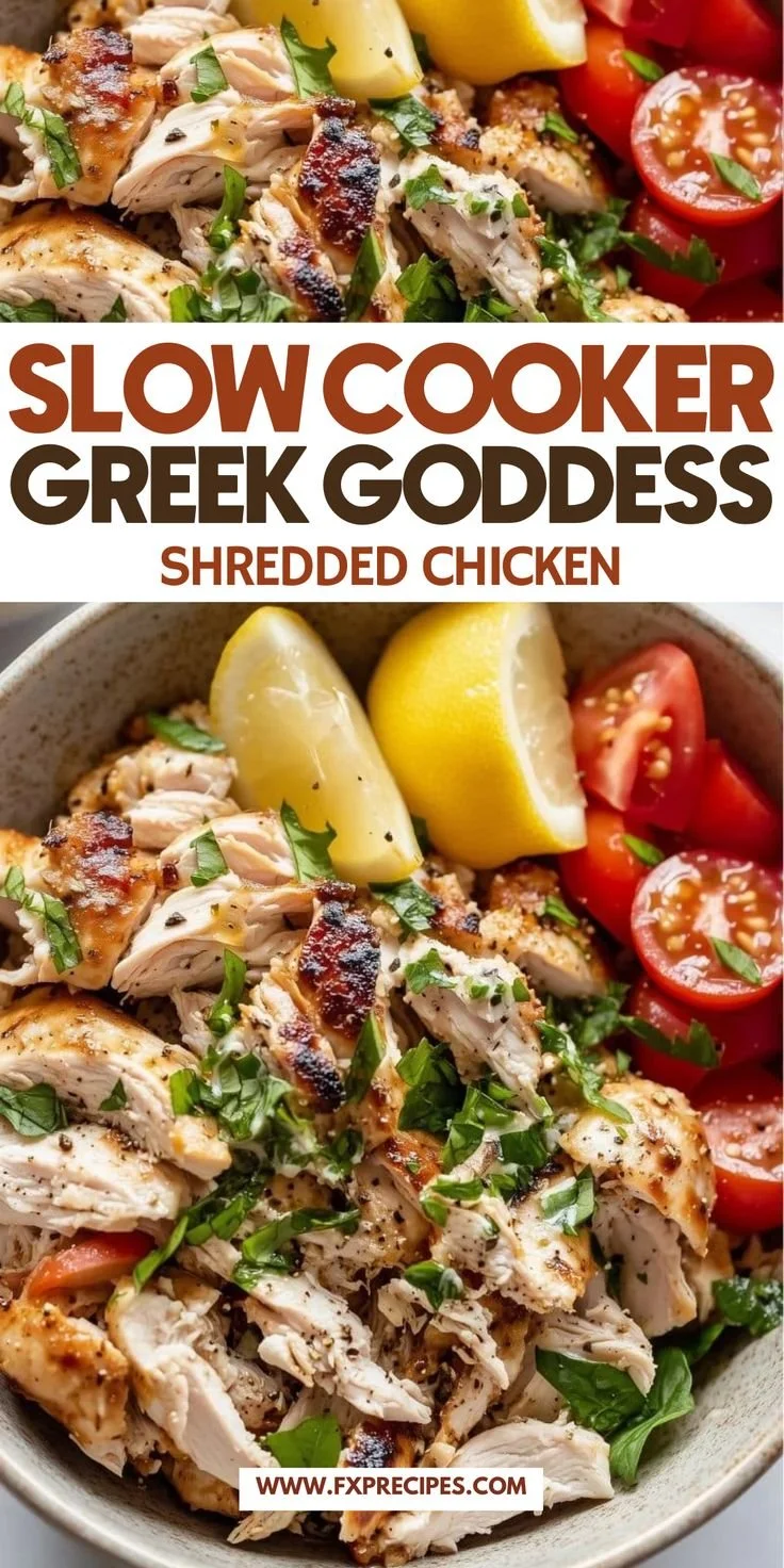 Slow Cooker Greek Goddess Chicken served in a bowl with herbs and spices