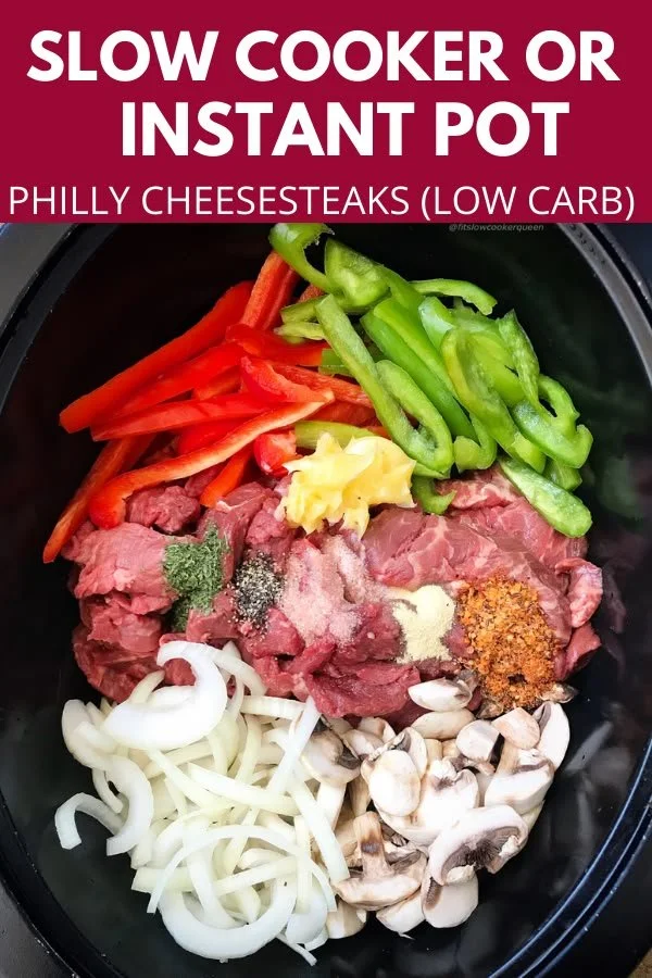 Delicious low-carb Slow Cooker Philly Cheesesteaks served with peppers and onions.