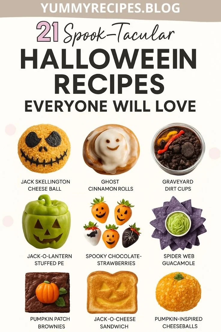 A variety of spook-tacular Halloween recipes displayed on a festive table.