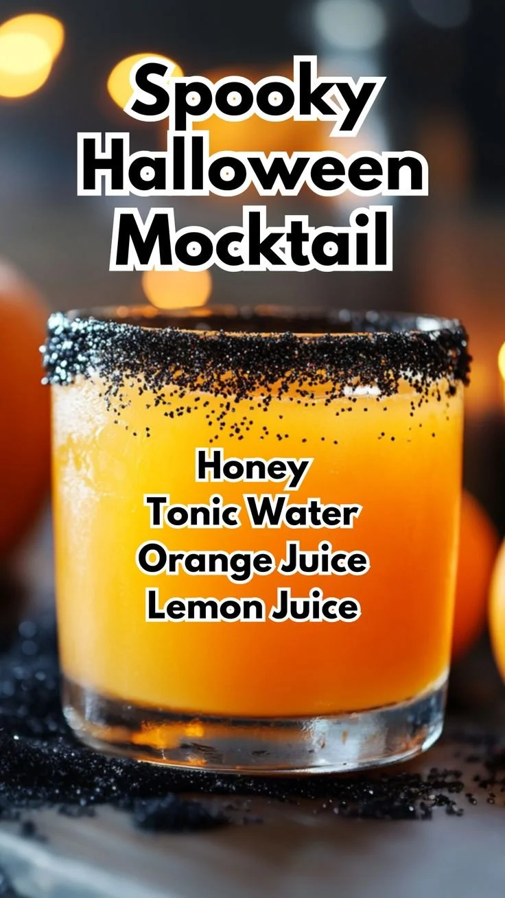 Spooky Halloween mocktail served in a Halloween-themed glass with creepy decorations.