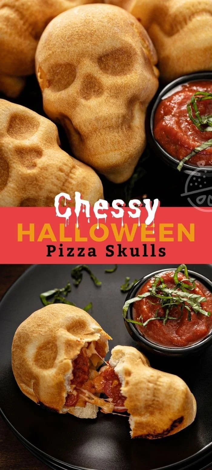 Spooky pizza skulls served on a Halloween-themed platter