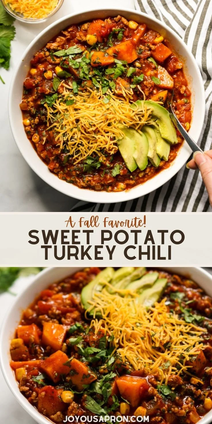 Bowl of easy and healthy sweet potato turkey chili topped with herbs.