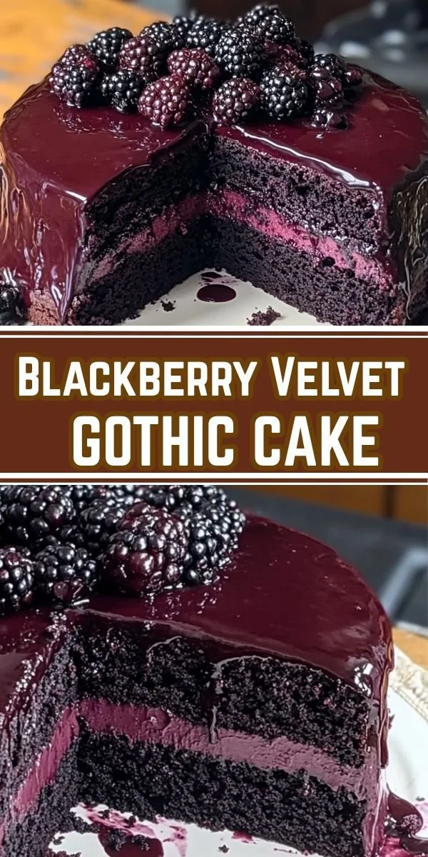 Gothic-inspired blackberry velvet cake with dark color and vibrant blackberry topping.