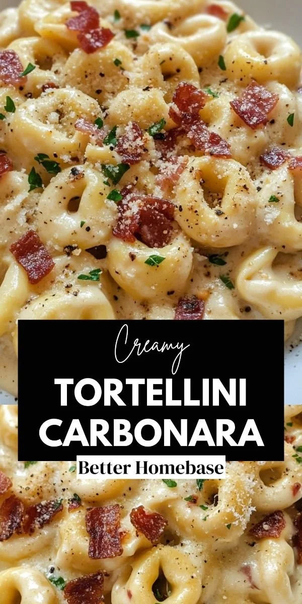 Plate of Tortellini Carbonara with creamy sauce and crispy pancetta