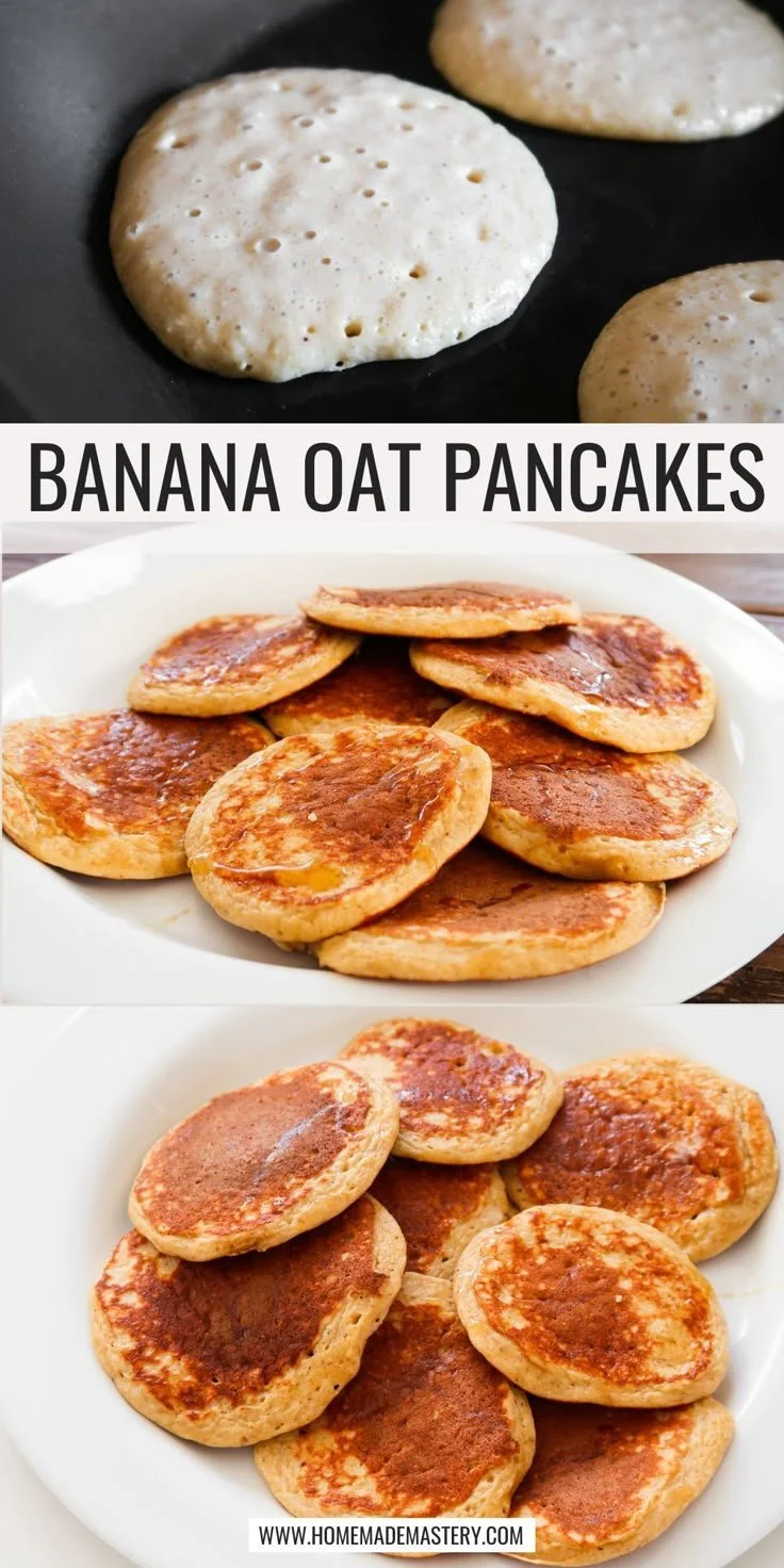 Fluffy oatmeal banana pancakes stacked with fresh banana slices