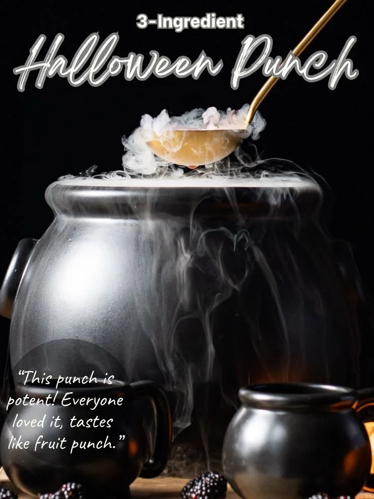 Festive 3 ingredient Halloween punch in a spooky glass with decorations