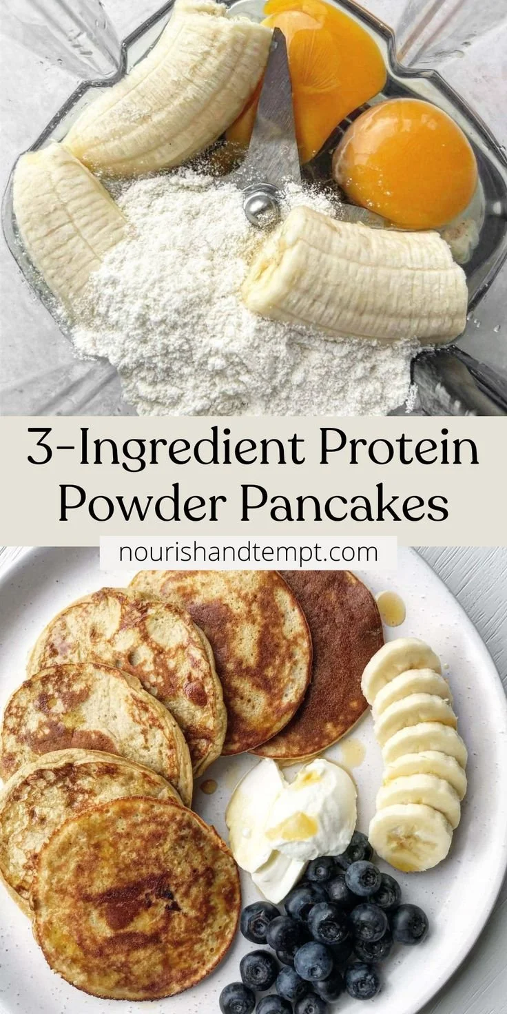 3-Ingredient protein powder pancakes stacked on a plate with syrup