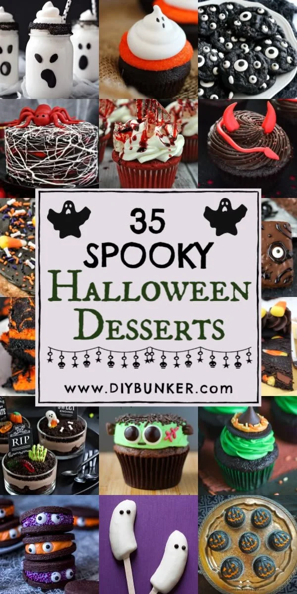 A variety of spooky Halloween desserts like cupcakes and cookies on a table.