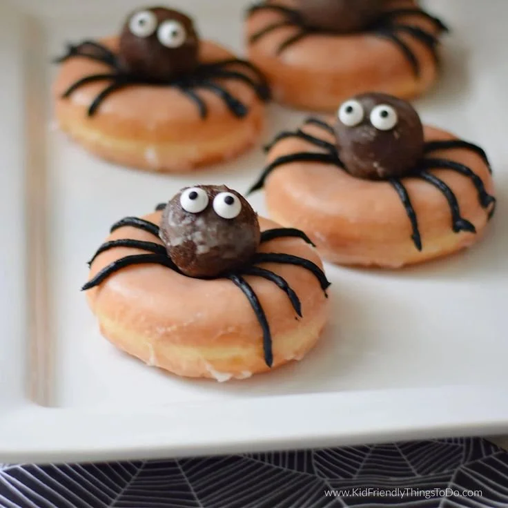 Adorable spider donuts decorated for Halloween festivities.