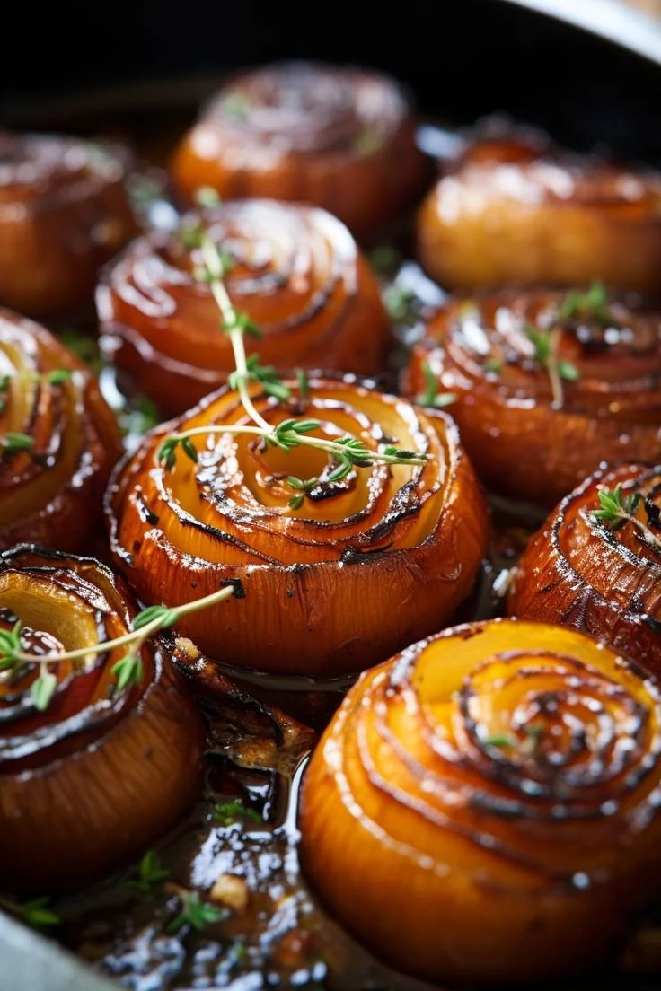 Plate of balsamic roasted onions garnished and served as a side dish