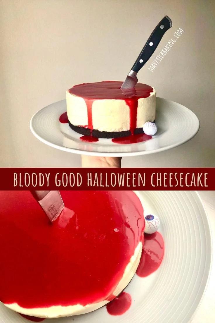 Bloody Good Halloween cheesecake with spooky decorations