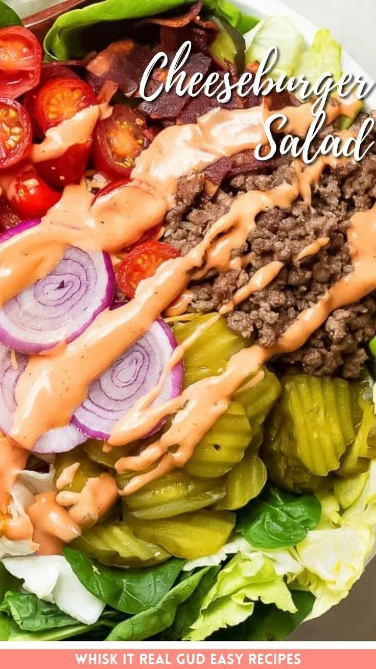 Delicious cheeseburger salad topped with fresh ingredients and savory flavors