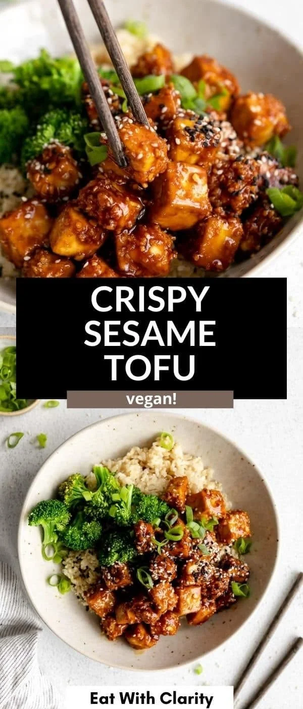 Crispy baked sesame tofu served with vegetables and sauces.