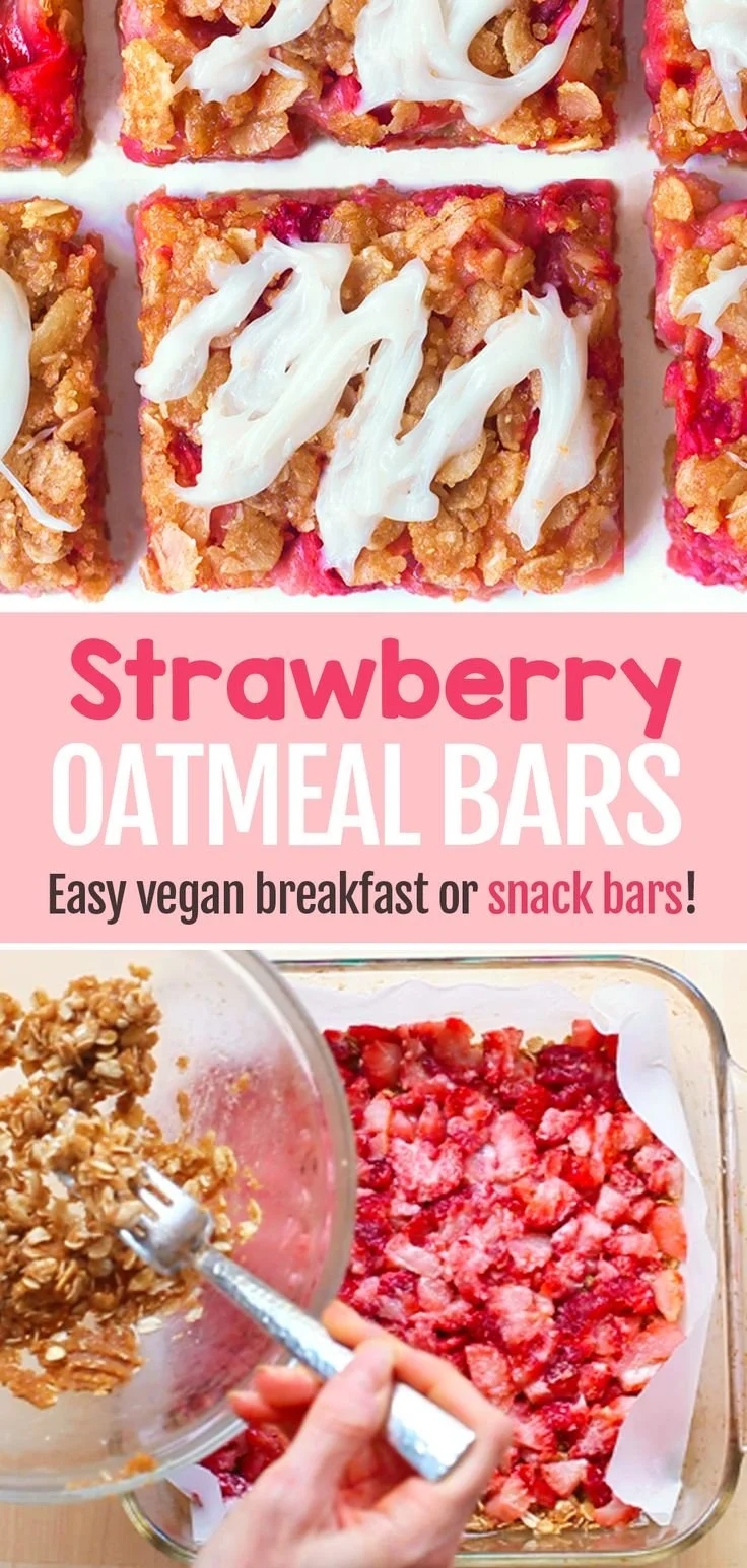 Homemade strawberry oatmeal bars on a wooden table with fresh strawberries