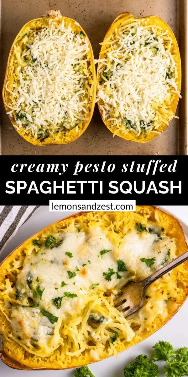 Creamy pesto spaghetti squash served in a bowl with fresh basil and pine nuts
