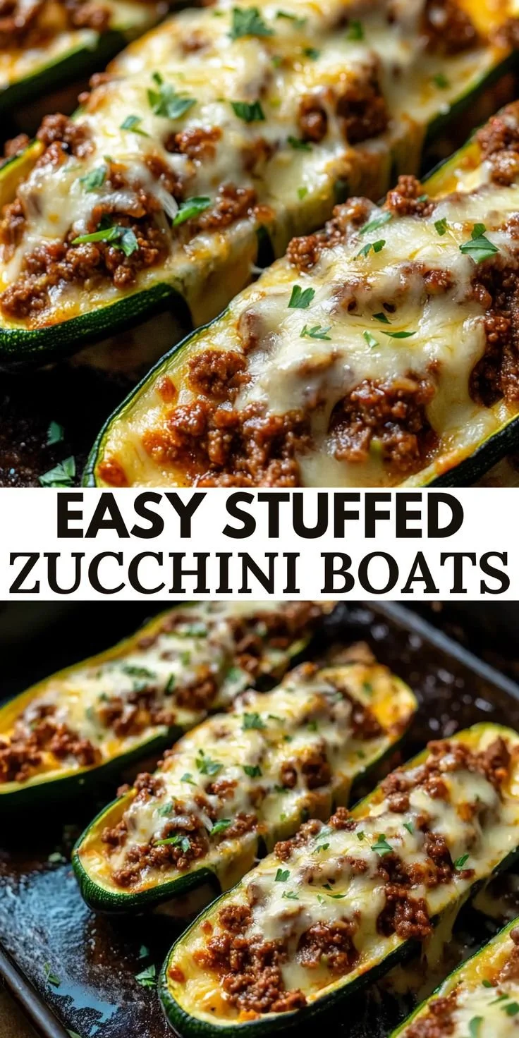 Delicious ground beef zucchini boats baked and served on a plate