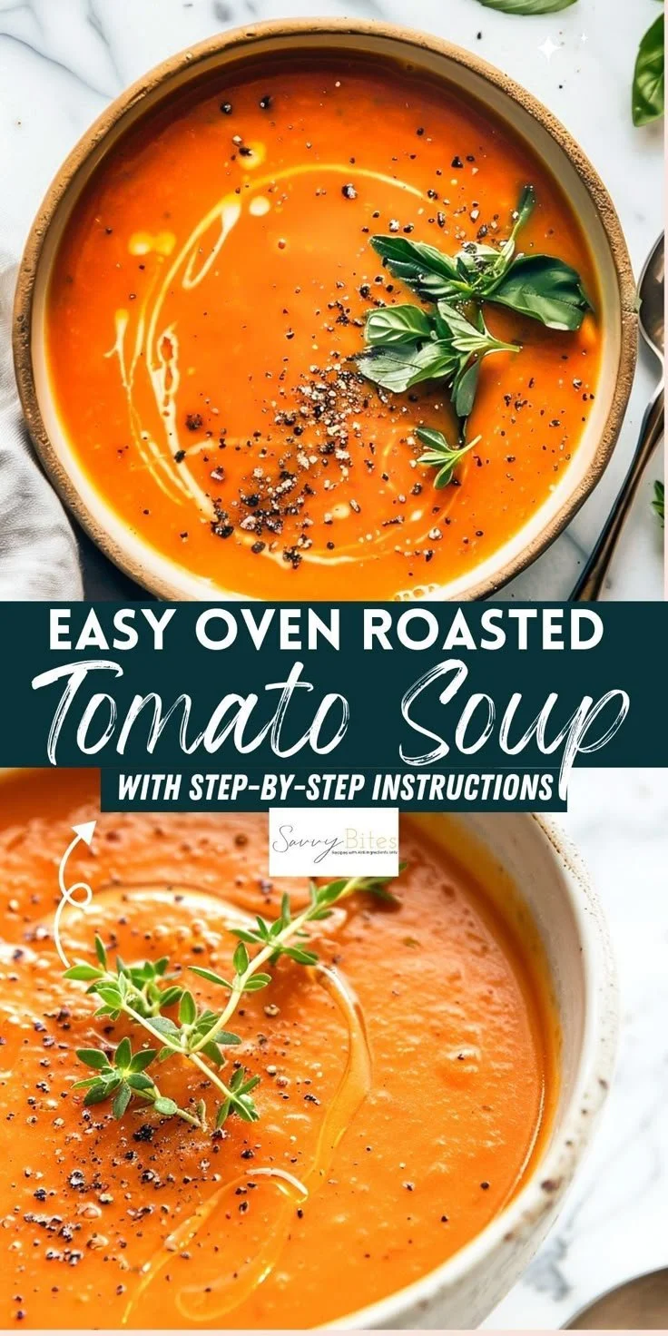 Bowl of easy homemade roasted tomato soup garnished with fresh basil.