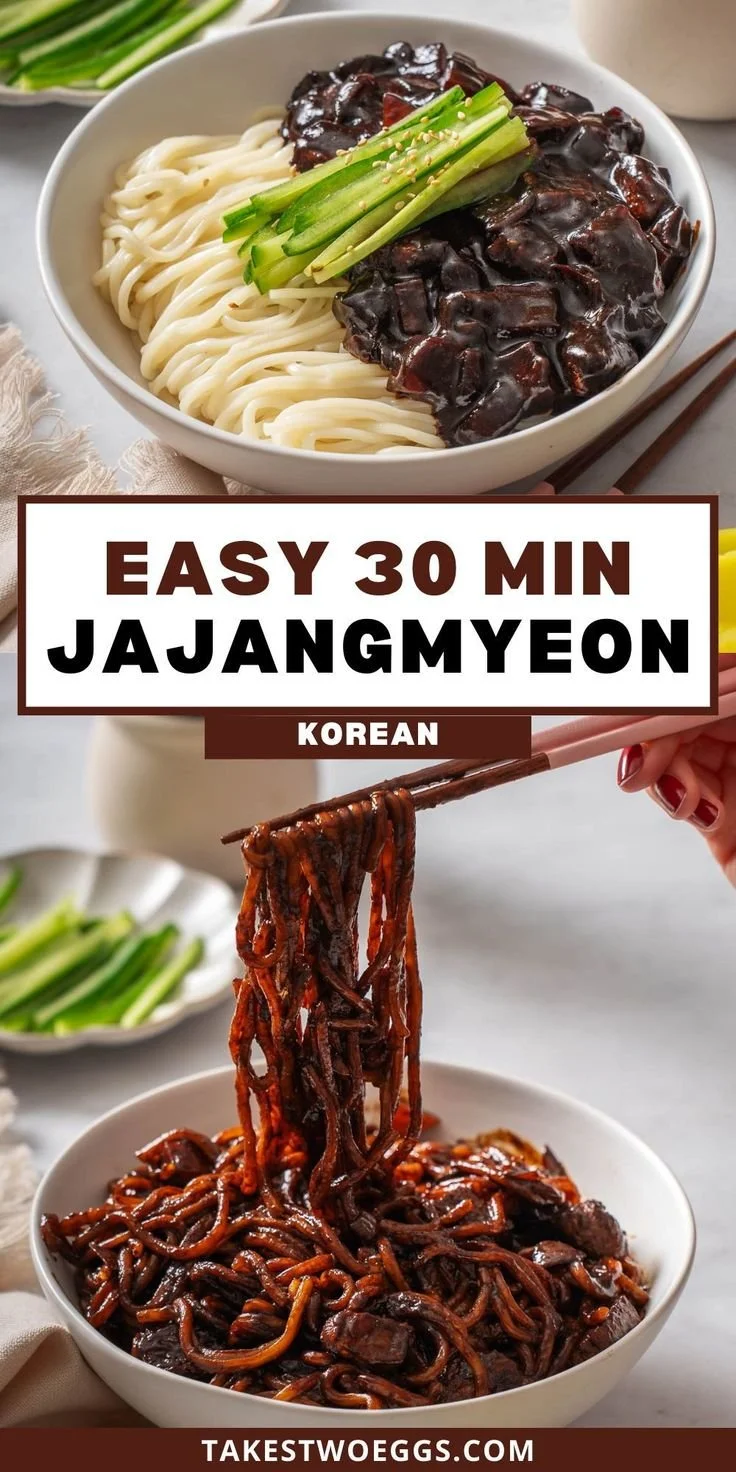 Delicious plate of easy Jajangmyeon, Korean black bean noodles with veggies.