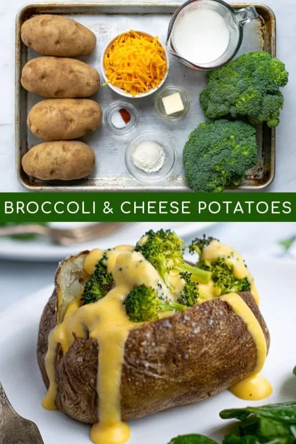 Delicious Broccoli Cheese Baked Potatoes served on a plate with a side salad