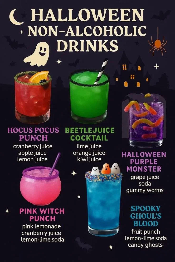 Colorful Halloween mocktails for kids in festive cups