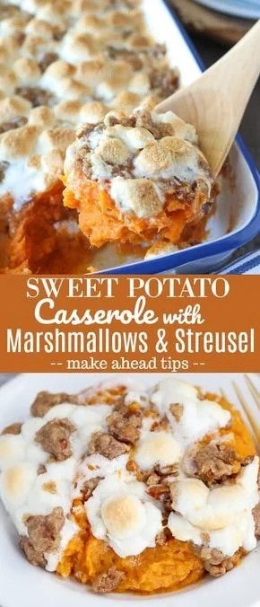 Delicious canned sweet potato casserole topped with marshmallows on a festive table.