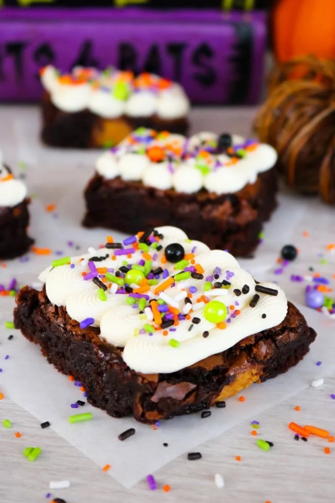 Frosted Halloween Monster Mash Brownies decorated for Halloween