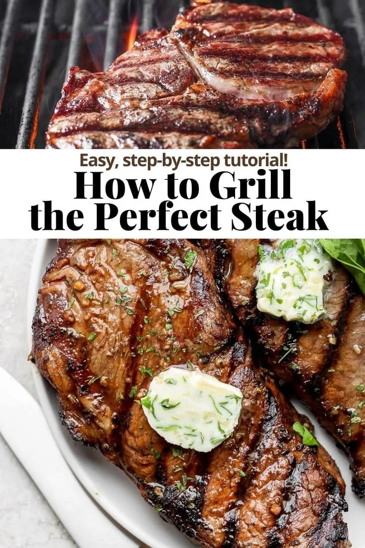 Perfectly cooked garlic butter steak on a grill, sizzling hot and flavorful.