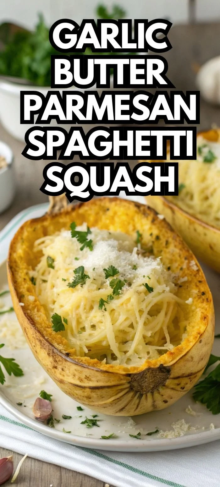 Dish of Garlic Butter Parmesan Spaghetti Squash with herbs on a plate