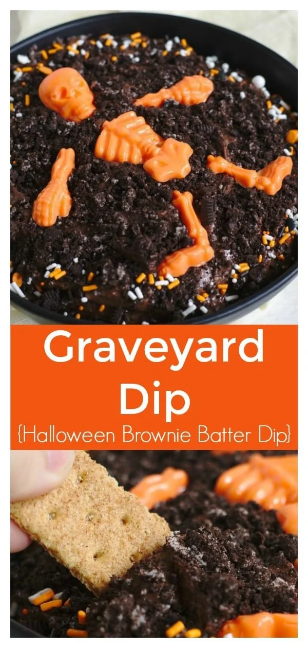 Halloween Graveyard Dip with brownie batter dip in a spooky presentation