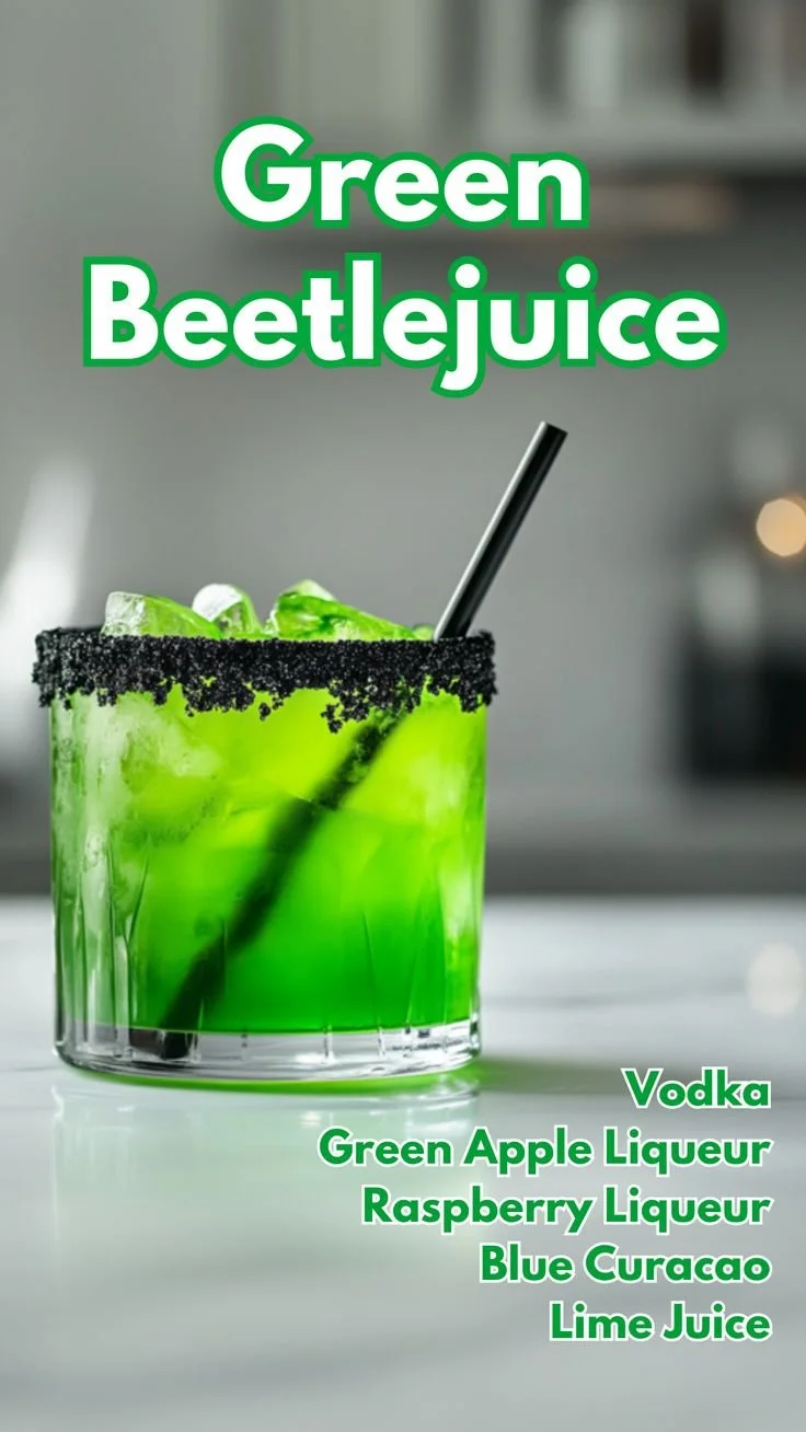 Refreshing Green Beetlejuice Cocktail served in a spooky style for Halloween.