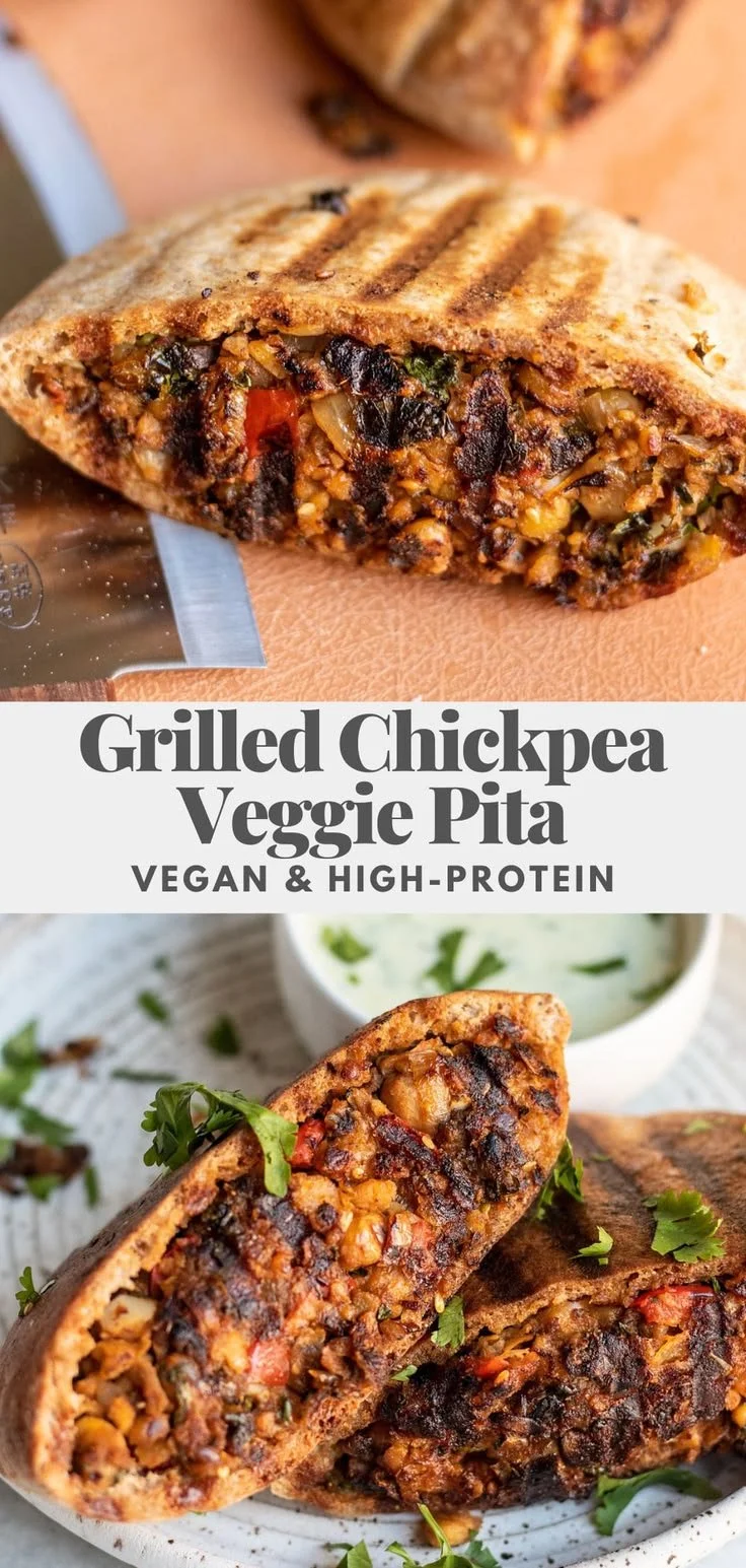 Grilled chickpea veggie pitas filled with fresh ingredients and flavors.