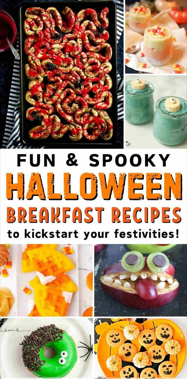 A spooky Halloween breakfast spread with themed treats and decorations.