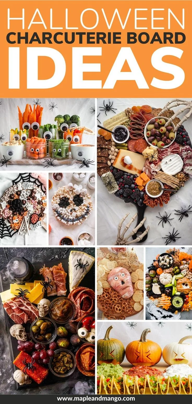 Spooky Halloween charcuterie board featuring unique treats and decorations