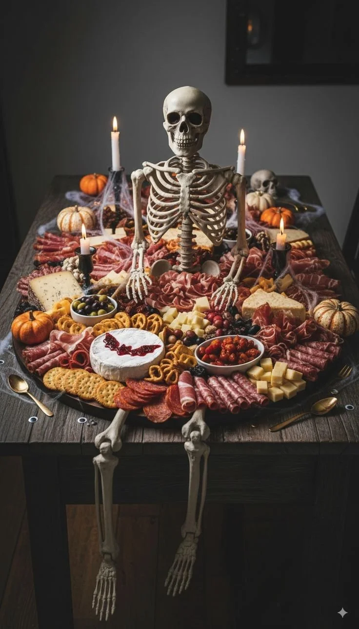 Spooky Halloween cheese board with themed snacks and decor